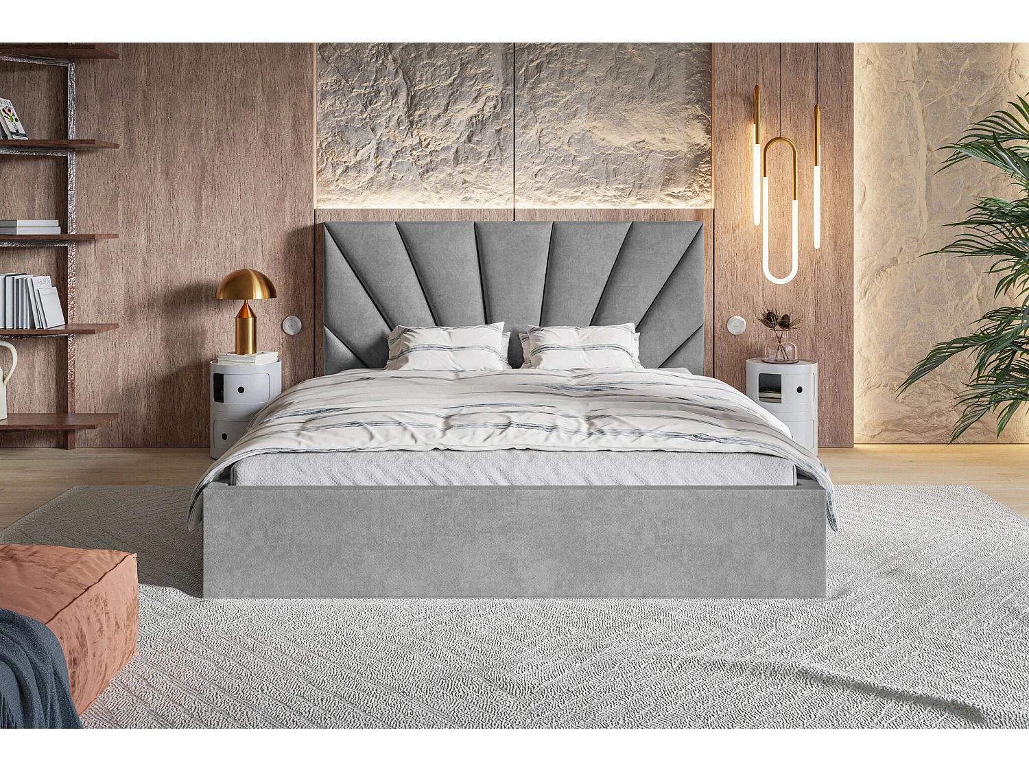 Lit double 140x200 cm Aris - Lit adulte avec rangment - Tissu velours - Gris clair (Jasmine 90)
