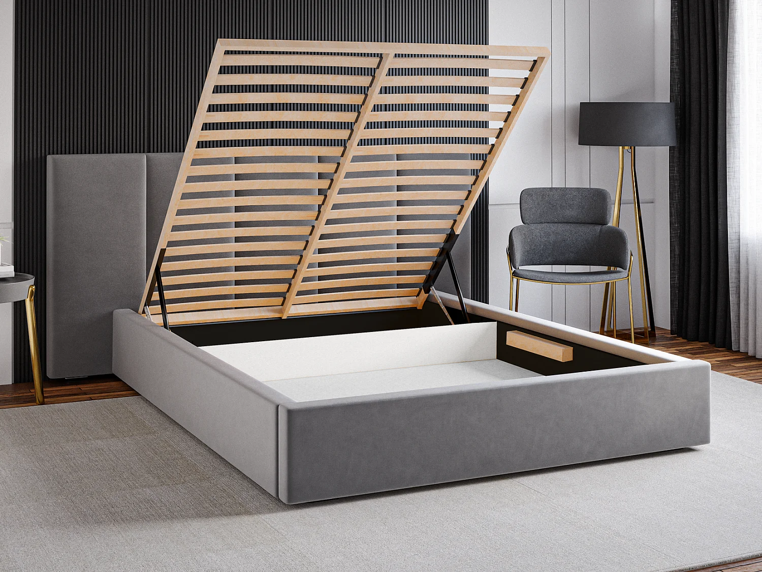 Emporius Lit rembourré 160 x 200 cm Praga - Lit avec Rangement, stoff Gris clair (Magic Velvet 2218)