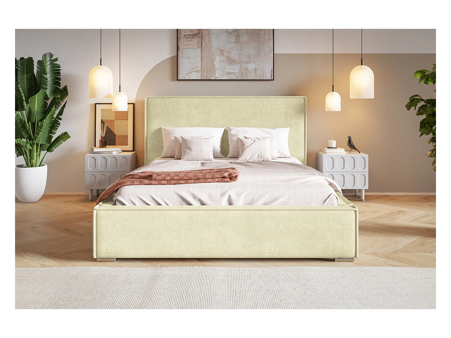 Emporius lit double 180 x 200 Sydney - Lit avec Rangement, Meubles de fabricant - Lit design tissu Beige (Amor Velvet 4323)