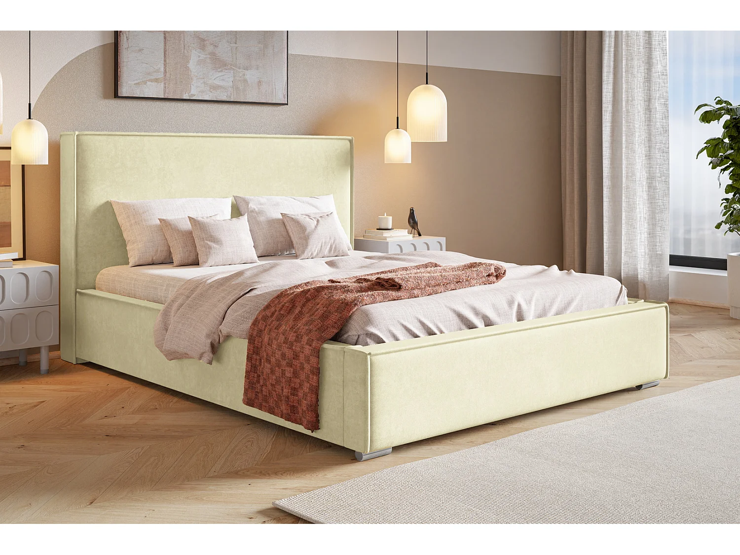 Lit double 180x200 Sydney avec rangement - Lit design, tissu velours, Beige (Amor Velvet 4323)