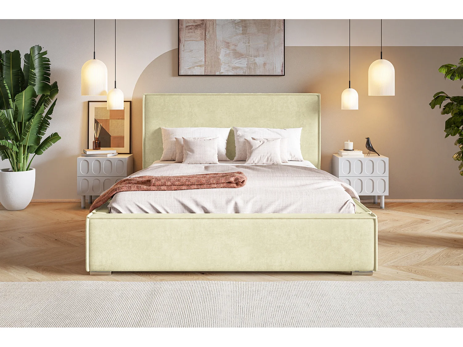 Lit double 180x200 Sydney avec rangement - Lit design, tissu velours, Beige (Amor Velvet 4323)