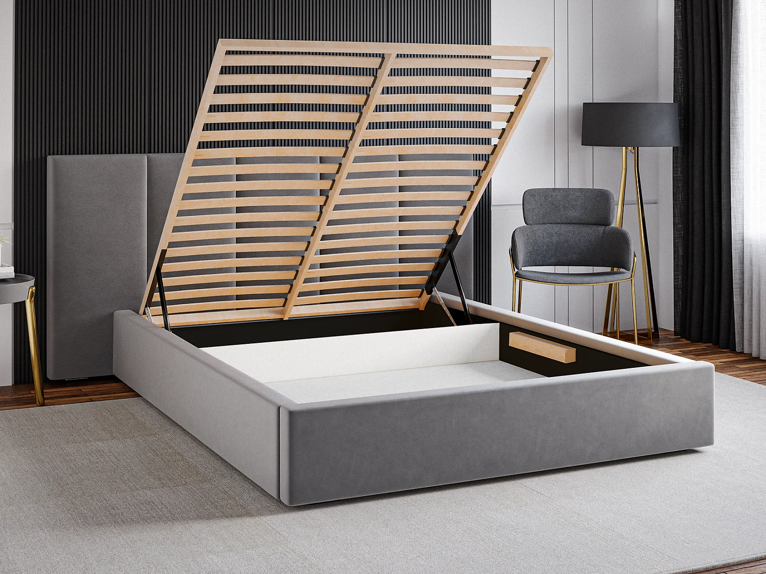 Emporius gestoffeerd bed 140 x 200 cm Praga - bed 140x200 met opbergruimte, fluweel Beige (Magic Velvet 2201)