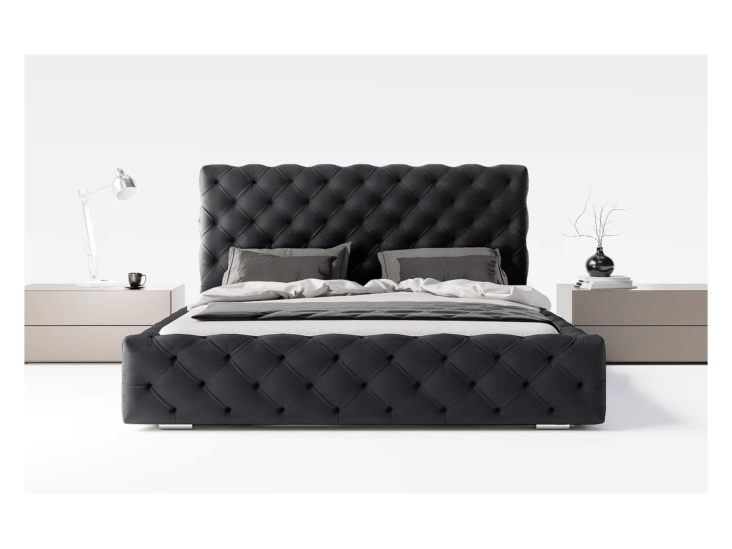 Emporius Lit double avec Rangement, lit 160x200 cm Paris - Lit Adulte, Tissu Noir (Magic Velvet 2219)