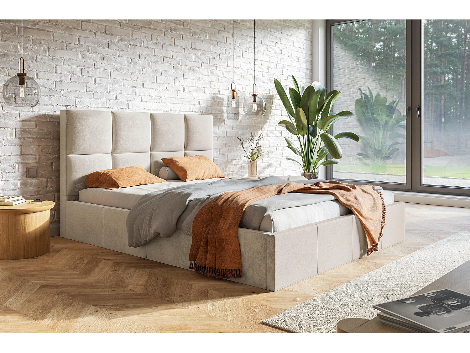 Emporius gestoffeerd bed 140 x 200 Fado - tweepersoonsbed met opbergruimte - fluweel Beige (Jasmine 21)
