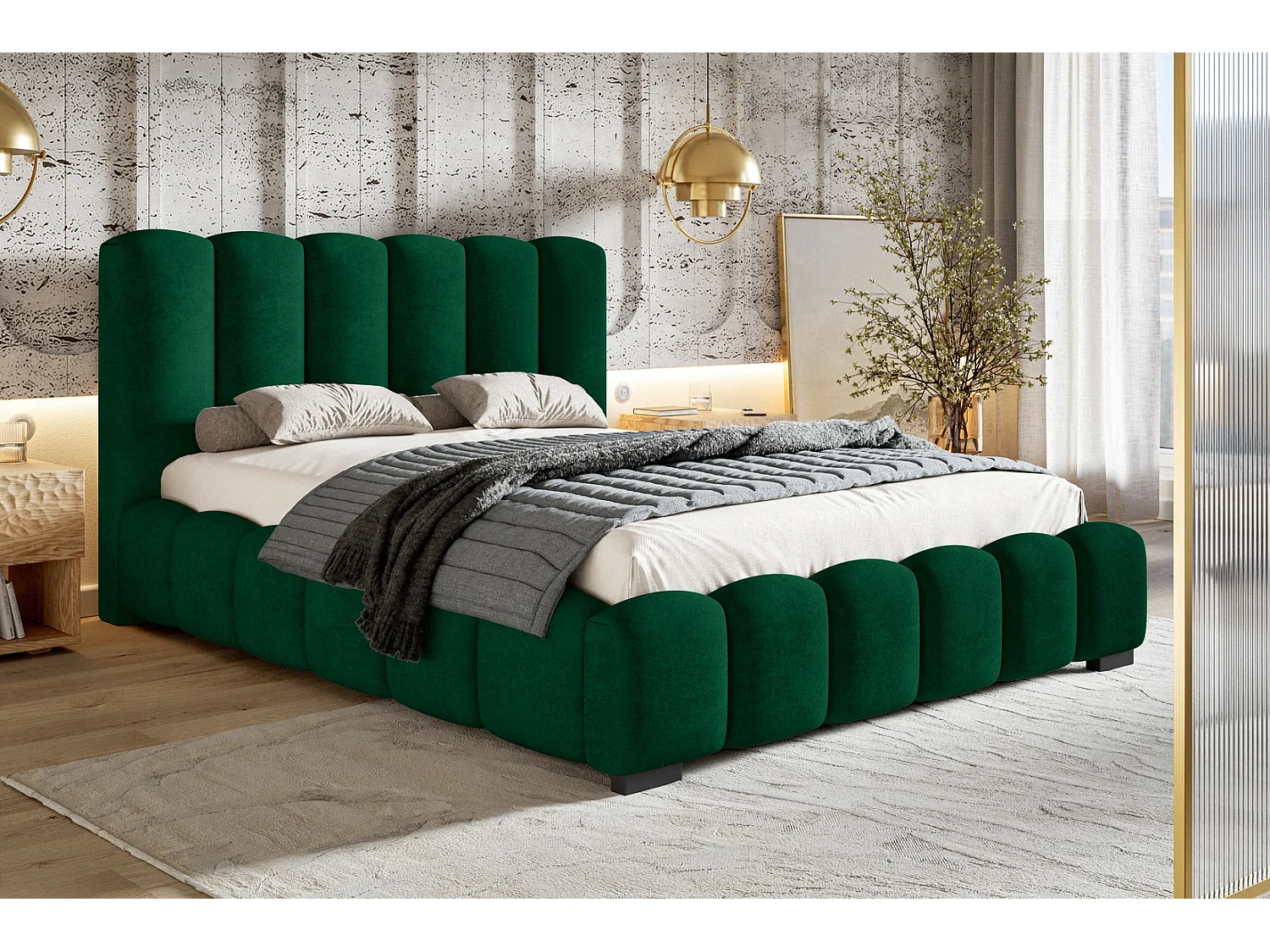 Emporius Lit capitoné 160x200 cm Pearl, Lit double avec sommier à Lattes, lit 160x200 Vert (Amor Velvet 4311)