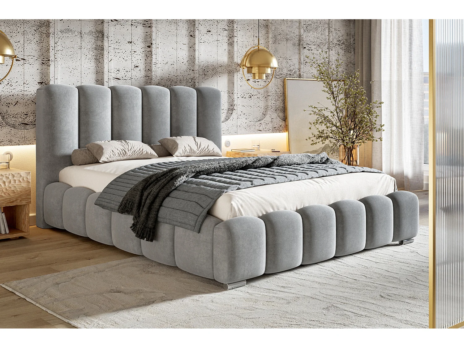 Emporius Lit capitoné 140x200 cm Pearl, Lit double avec sommier à Lattes, lit 140x200 Gris (Amor Velvet 4318)