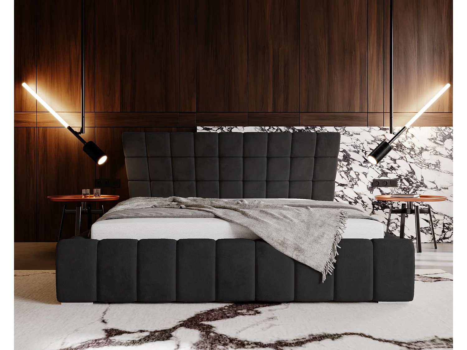 Emporius Deluxe łóżko tapicerowane 180x200 cm - łóżko przeszywane w nowoczesnym stylu - pojemnik i stelaż, tkanina aksamitna, czarny (Magic Velvet 2219)