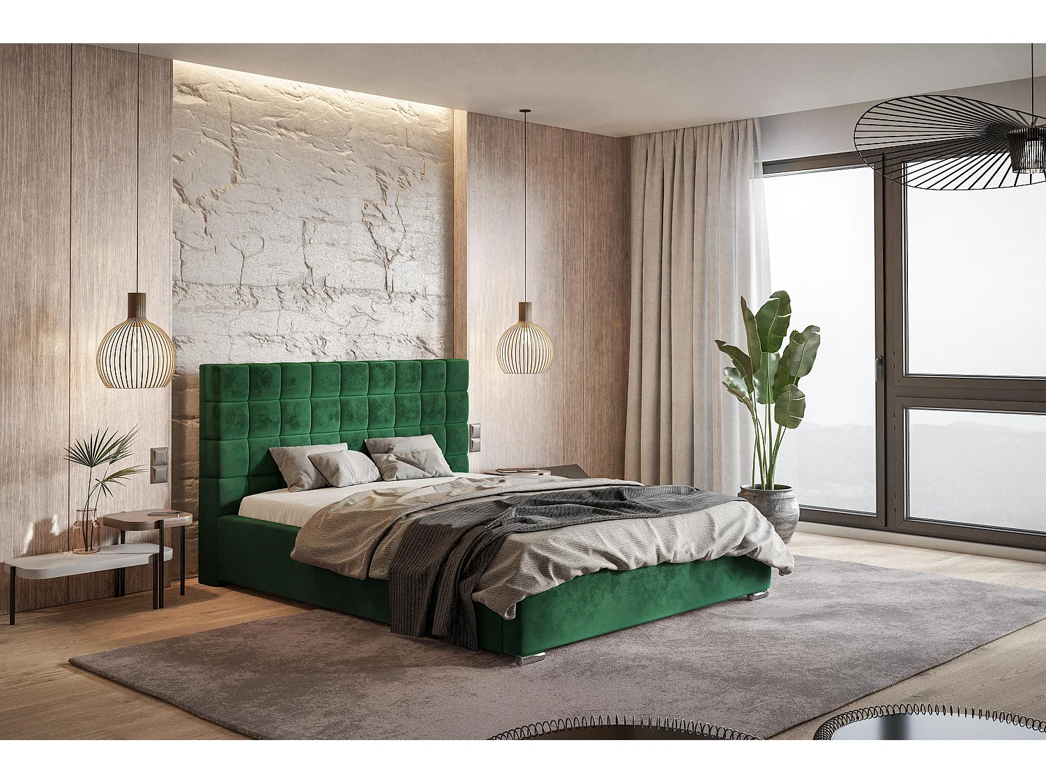 Emporius Lit 140x200 adulte avec Rangement Noris - Lit double Lit rembourré avec Tete de Lit - Velvet Vert (Amor Velvet 4311)