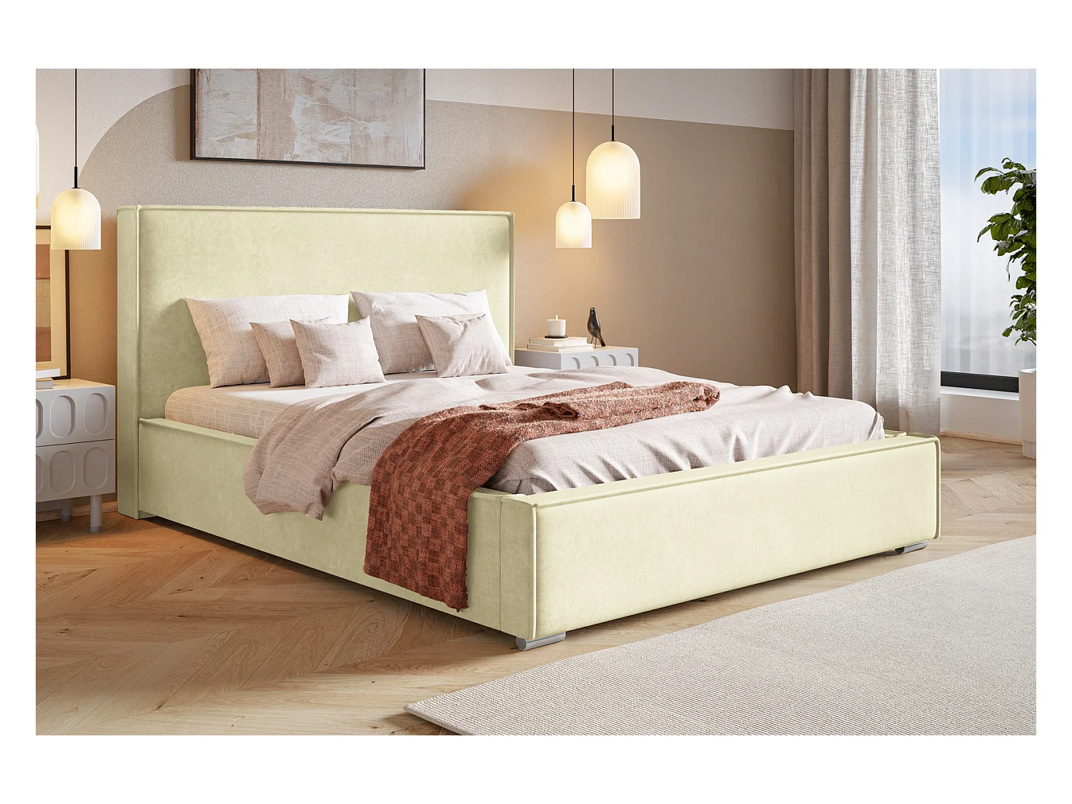 Emporius lit double 200 x 200 Sydney - Lit avec Rangement, Meubles de fabricant - Lit design tissu Beige (Amor Velvet 4323)