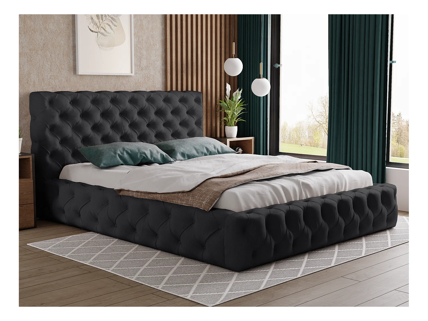 Emporius bed met bedlade 200x200 cm Glory - lattenbodem, tweepersoonsbed 200 x 200, fluweel Zwart (Kronos 7)