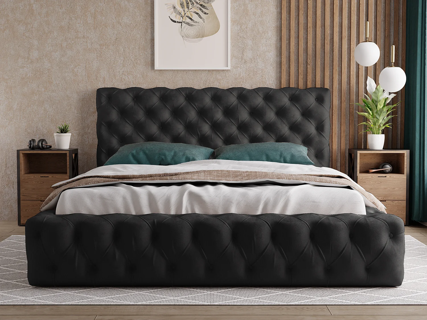 Emporius bed met bedlade 200x200 cm Glory - lattenbodem, tweepersoonsbed 200 x 200, fluweel Zwart (Kronos 7)