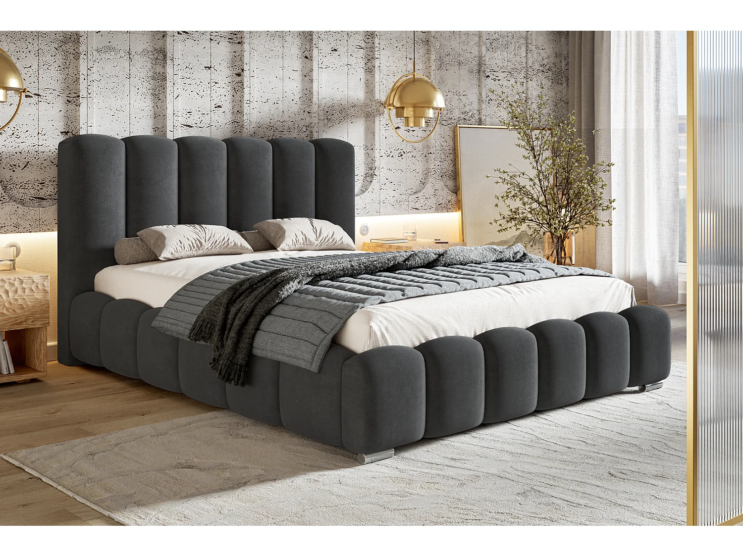 Emporius bed 140x200 cm met opbergruimte Pearl - gestoffeerd bed 140x200, fluwelen Donkergrijs (Amor Velvet 4321)