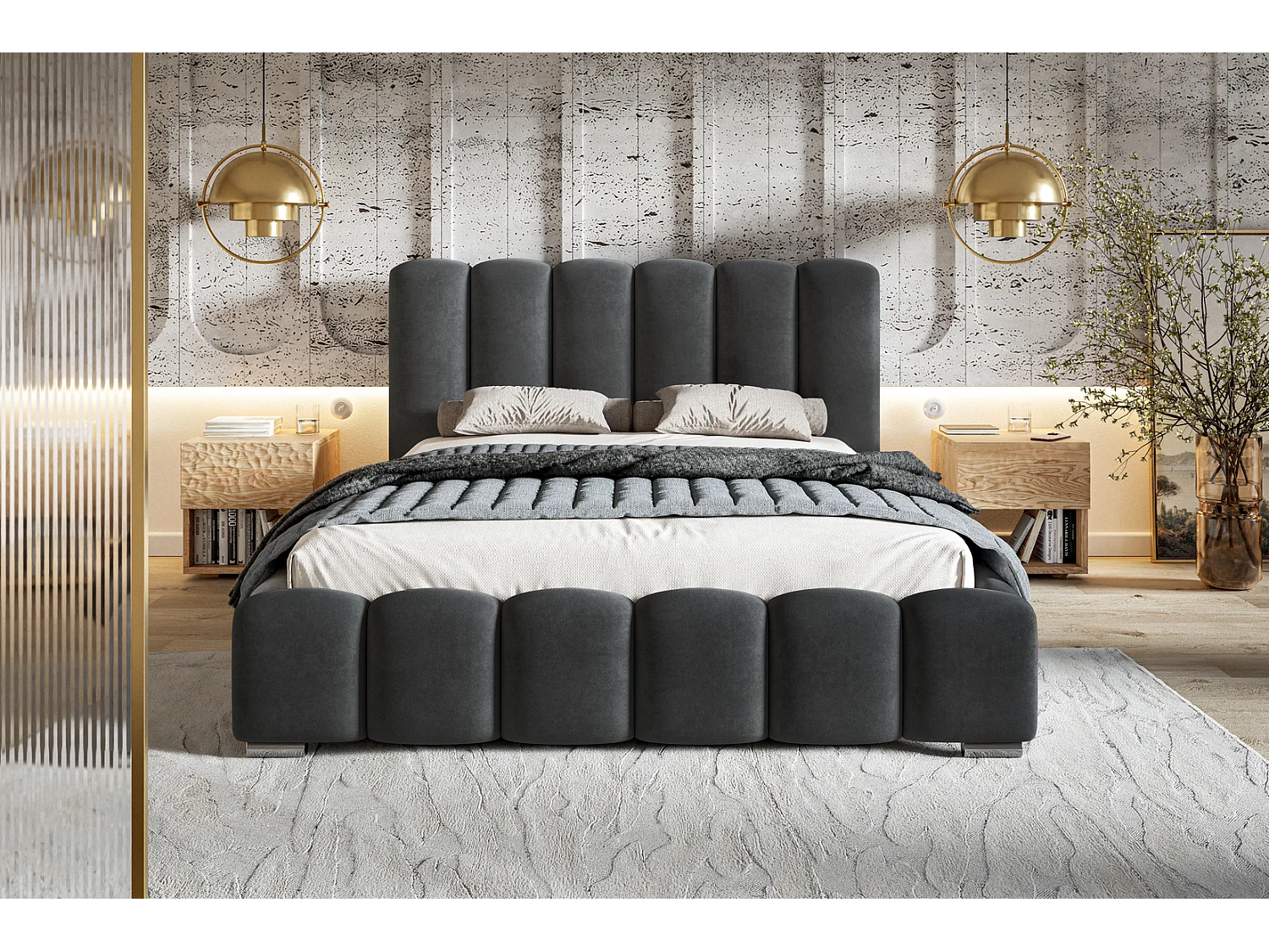 Emporius bed 140x200 cm met opbergruimte Pearl - gestoffeerd bed 140x200, fluwelen Donkergrijs (Amor Velvet 4321)