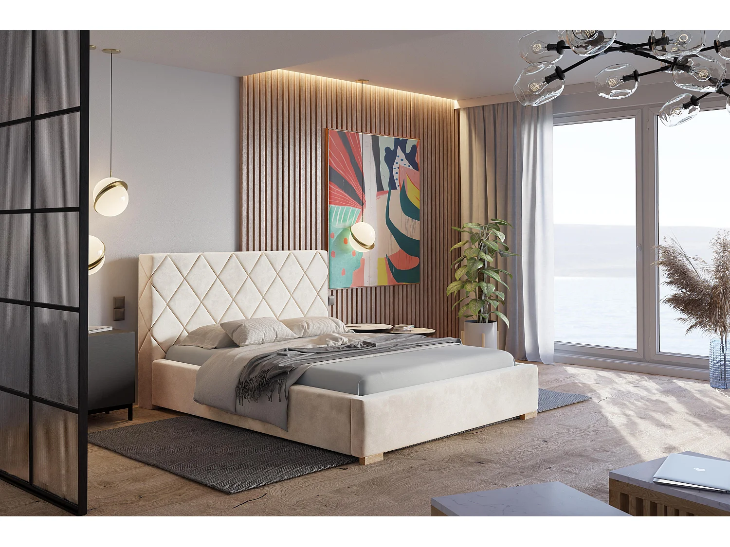 Emporius Lit rembourré 160x200 Aron - Lit double avec Rangement, Lit 140x200 cm Beige (Amor Velvet 4304)