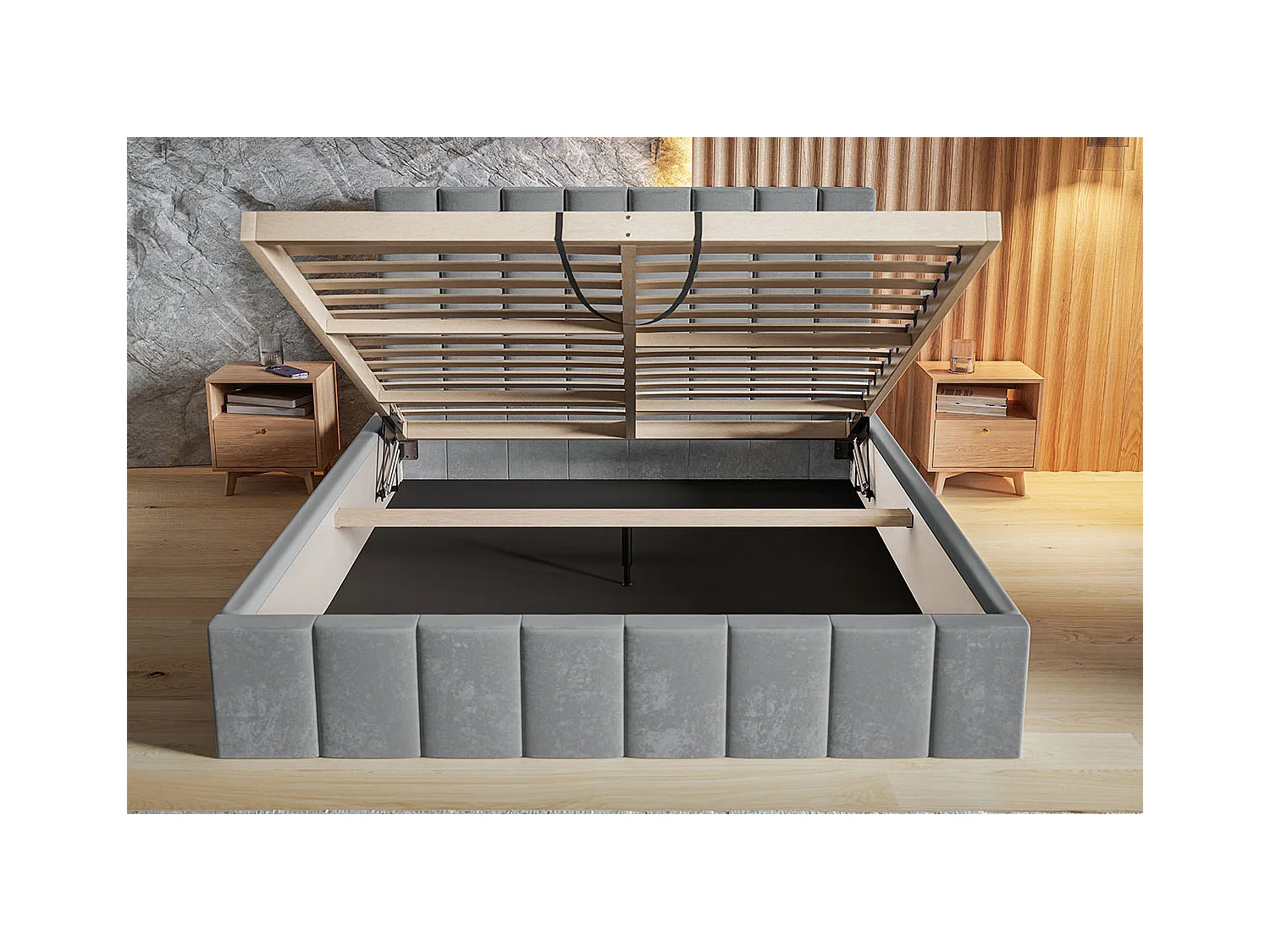 Emporius tweepersoonsbed 160 x 200 cm Moris - bed met opbergruimte, bed 160x200 cm - fluweel Lichtgrijs (Jasmine 90)