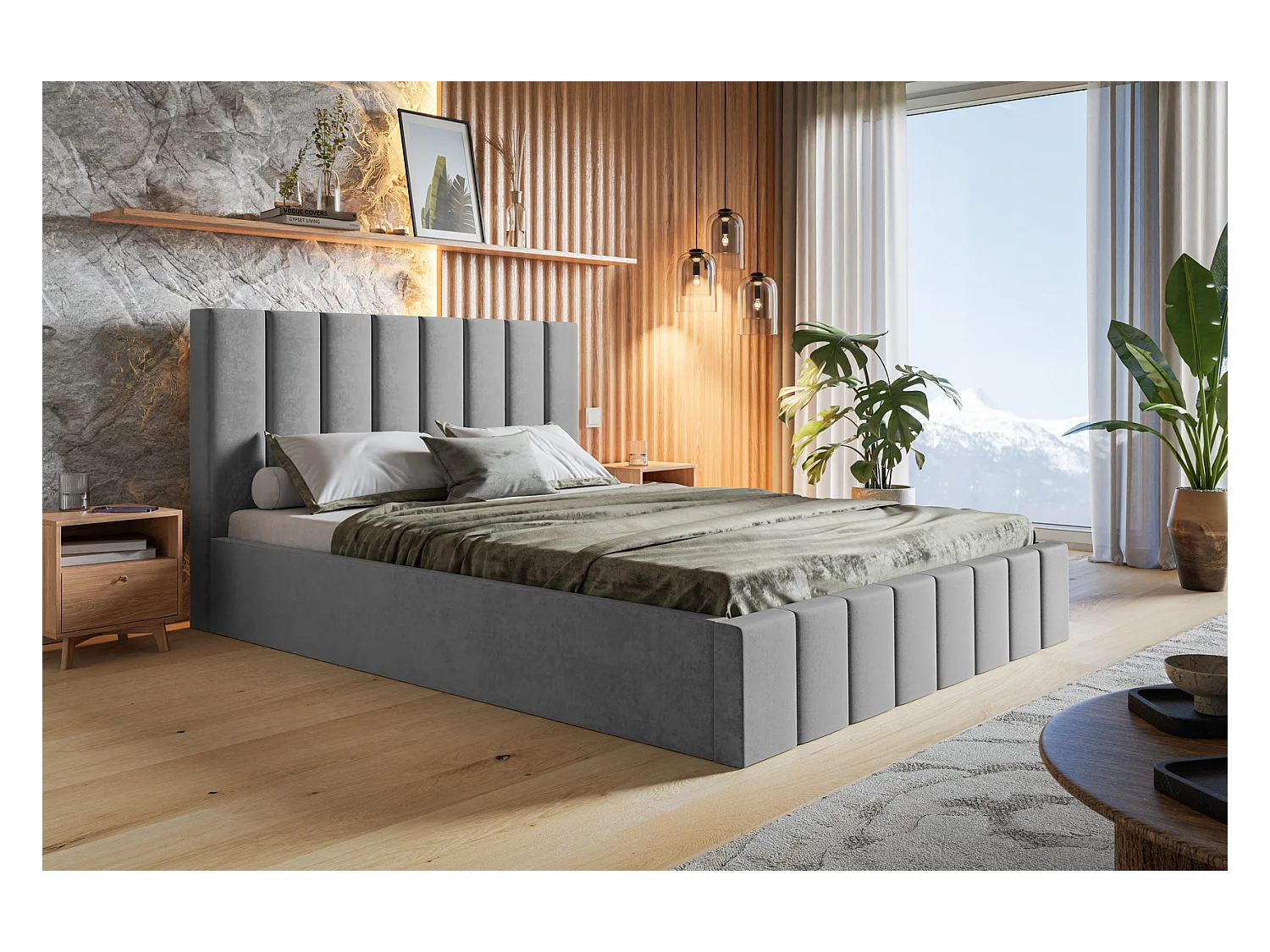 Emporius Lit avec Rangment 160 x 200 cm Moris - Tissu Velours & Sommier, Lit adulte 160x200 cm - Velvet Gris clair (Jasmine 90)