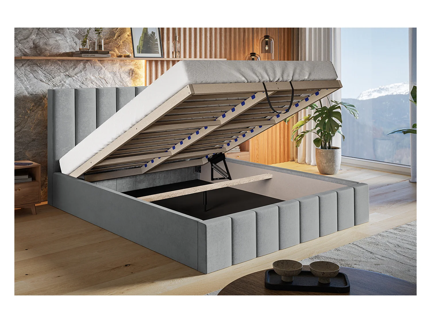 Emporius Lit avec Rangment 160 x 200 cm Moris - Tissu Velours & Sommier, Lit adulte 160x200 cm - Velvet Gris clair (Jasmine 90)