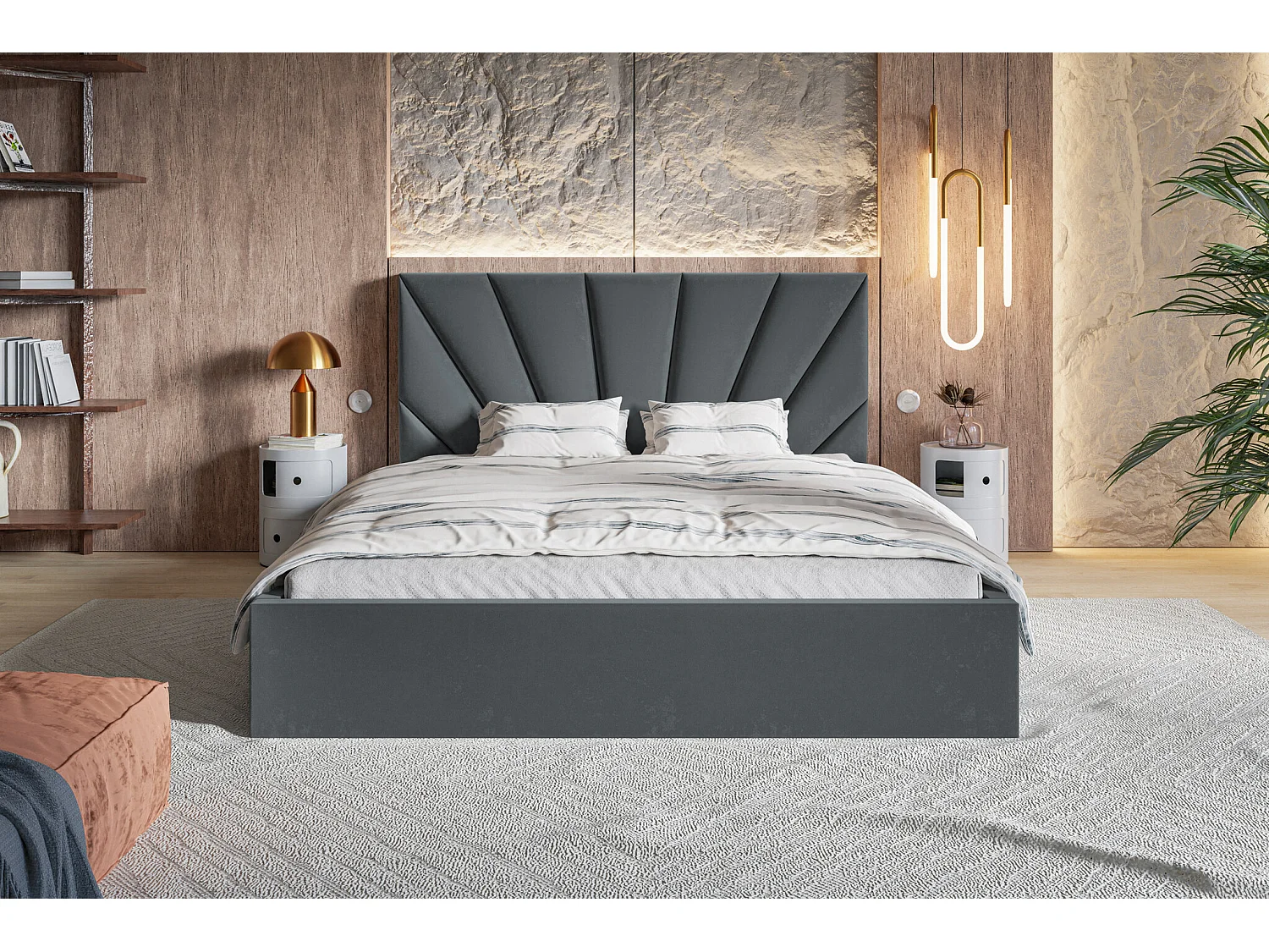 Lit double 160x200 cm Aris - Lit adulte avec rangment - Tissu velours - Gris foncé (Jasmine 96)