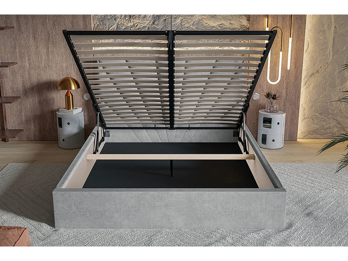 Lit coffre 160x200 cm Aris - Lit double avec rangment, sommier métallique - Tissu velours Gris foncé (Jasmine 96)
