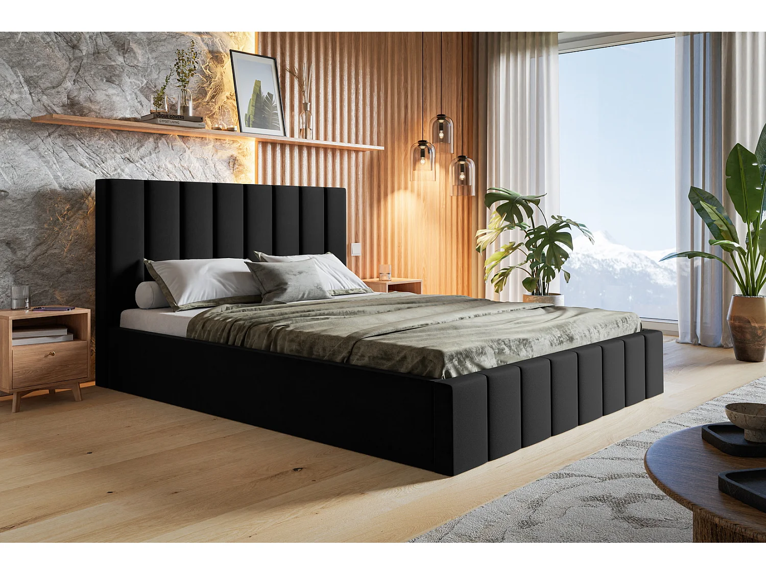 Emporius Lit avec Rangment 140 x 200 cm Moris - Tissu Velours & Sommier, Lit adulte 140x200 cm - Velvet Noir (Jasmine 100)