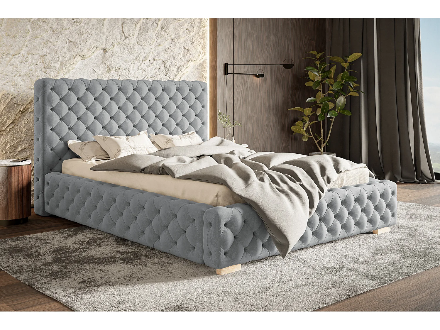 Emporius Lit coffre 200x200 Adonis - Lit avec Tete de Lit - Lit avec Rangement, stoff lit Gris clair (Jasmine 90)