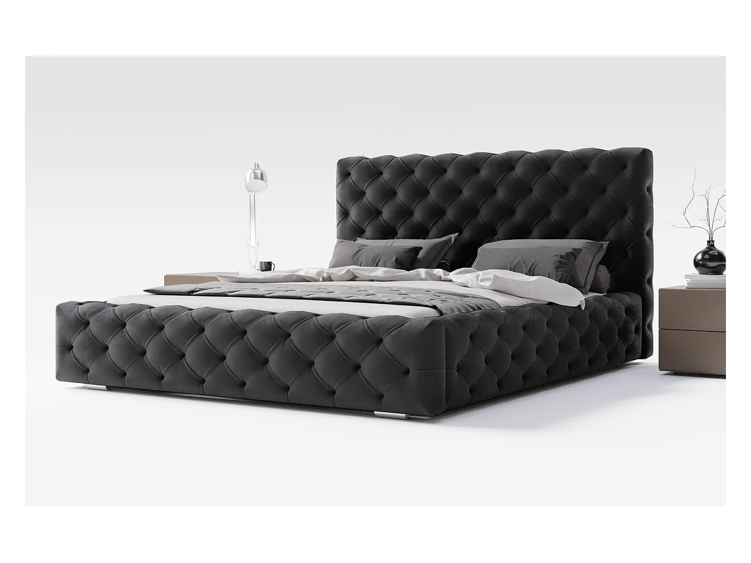 Emporius Lit double avec Rangement, lit 200x200 cm Paris - Lit Adulte, Tissu Noir (Magic Velvet 2219)