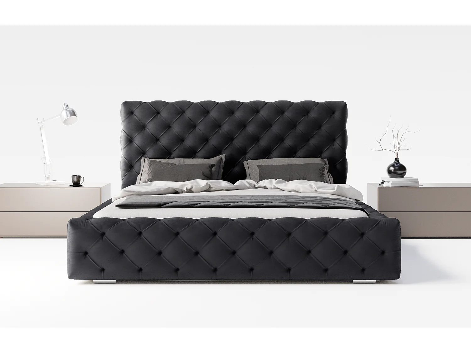 Emporius Lit double avec Rangement, lit 200x200 cm Paris - Lit Adulte, Tissu Noir (Magic Velvet 2219)