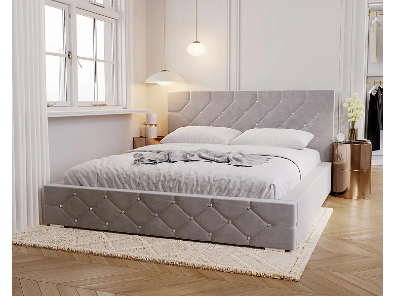 Emporius Solar łóżko tapicerowane 180x200 cm - eleganckie łóżko w stylu glamour - kryształki, pojemnik i stelaż, tkanina aksamitna, szary (Magic Velvet 2217)