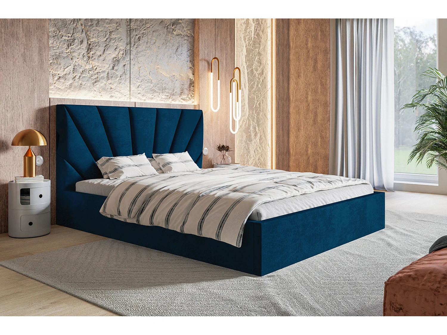 Lit double 140x200 cm Aris - Lit adulte avec rangment - Tissu velours - Bleu (Kronos 09)