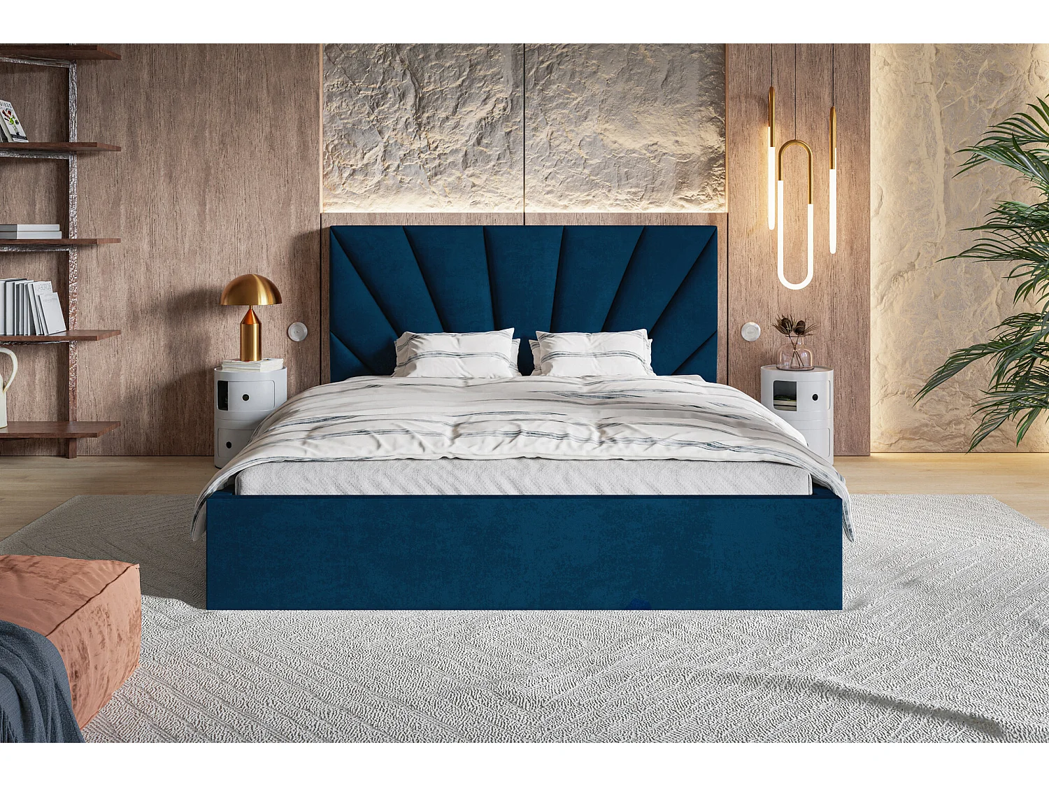 Lit double 140x200 cm Aris - Lit adulte avec rangment - Tissu velours - Bleu (Kronos 09)