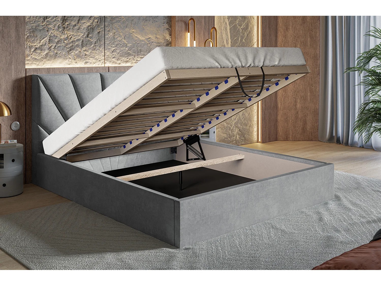 Lit double 140x200 cm Aris - Lit adulte avec rangment - Tissu velours - Bleu (Kronos 09)