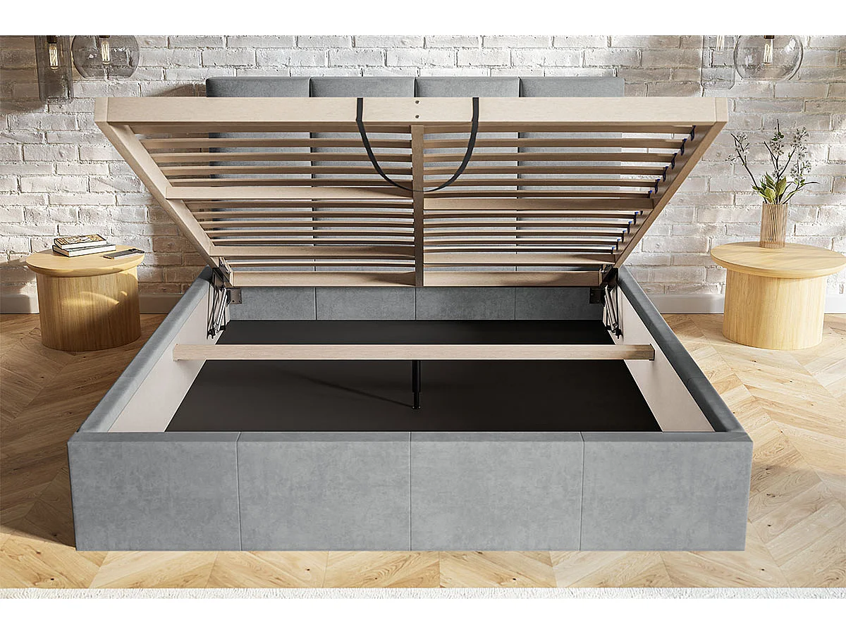 Lit rembourré 160 x 200 Fado - Lit adulte avec rangment, tête de lit - tissu velours - Bleu (Kronos 09)