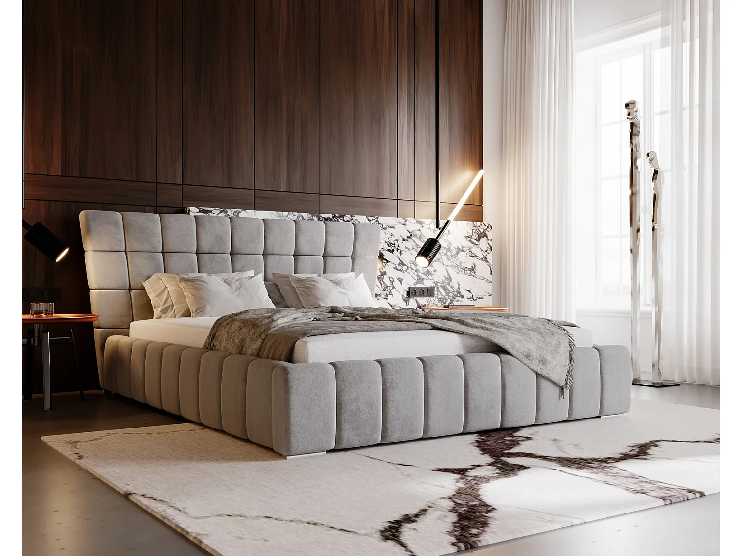 Emporius Deluxe łóżko tapicerowane 140x200 cm - łóżko przeszywane w nowoczesnym stylu - pojemnik i stelaż, tkanina aksamitna, szary (Magic Velvet 2217)