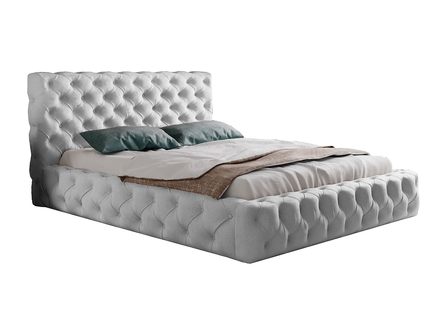 Emporius Glory łóżko tapicerowane pikowane - eleganckie łóżko 160x200 w stylu glamour - pojemnik i stelaż, tkanina aksamitna, jasny szary (Paros 5)