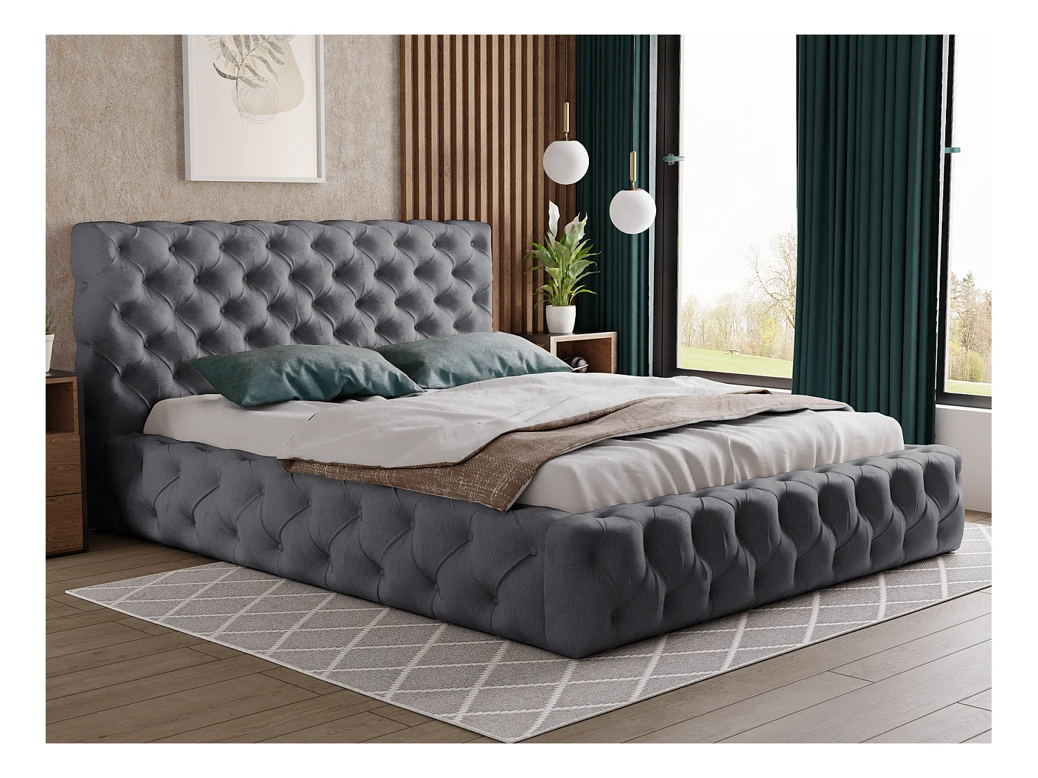 Emporius Lit coffre 200x200 Glory - Lit double 200 x 200 cm, lit capitonné, stoff Velours Gris foncé (Paros 6)