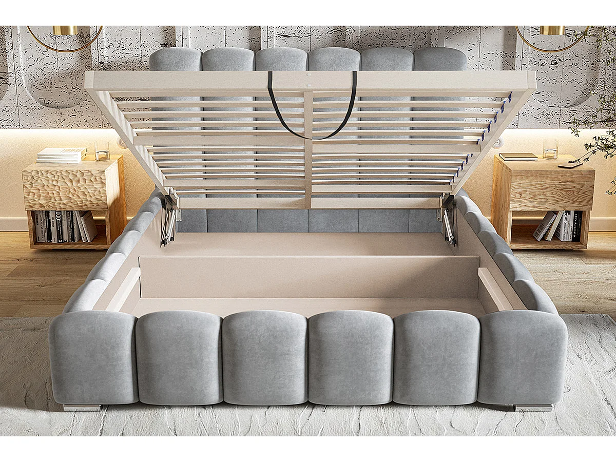 Emporius Polsterbett 160x200 Pearl, Doppelbett, Bettkasten, Lattenrost - Velvet Beige (Amor Velvet 4304)