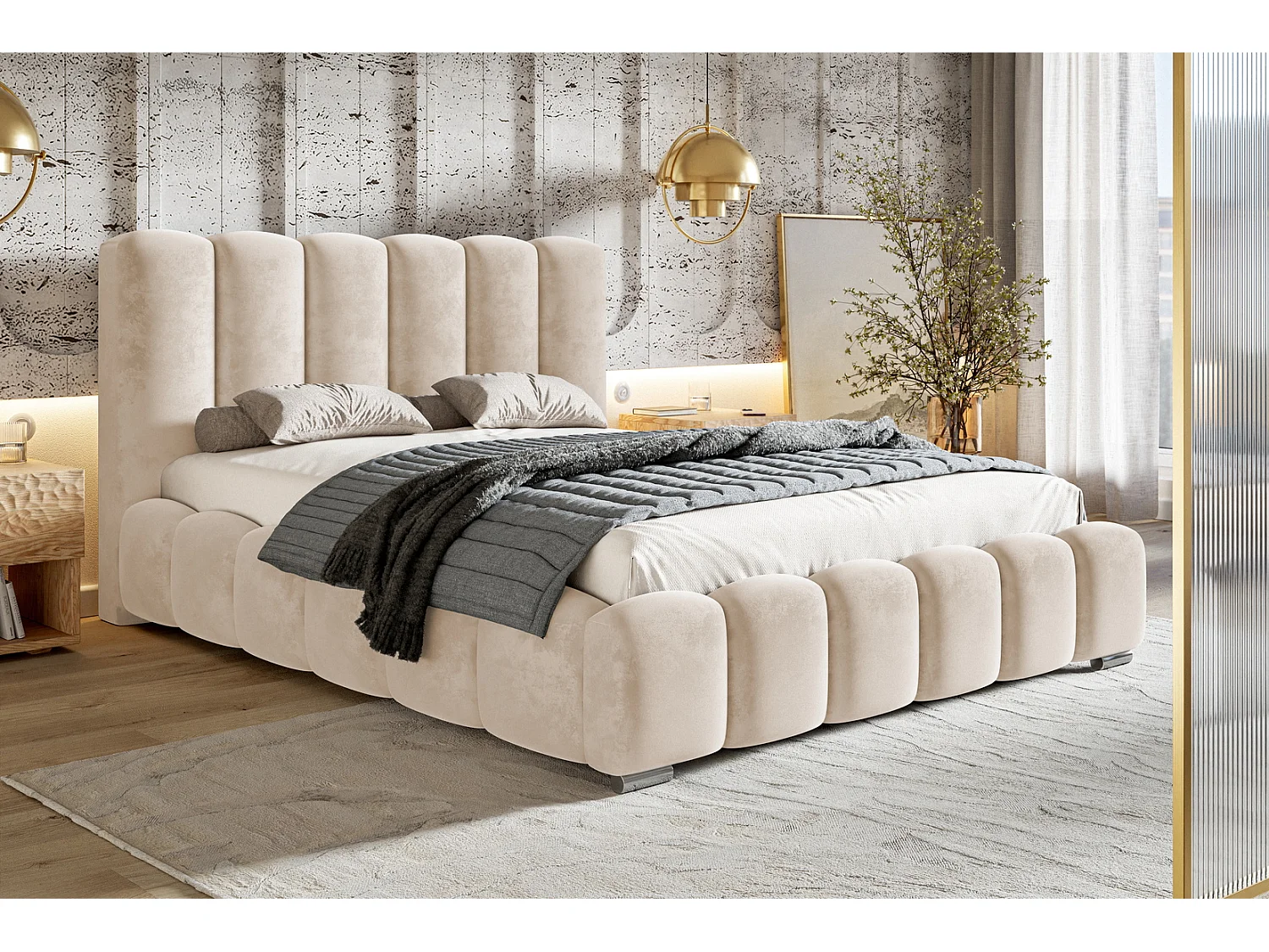 Emporius Lit capitoné 160x200 cm Pearl, Lit double avec sommier à Lattes, lit 160x200 Beige (Amor Velvet 4304)