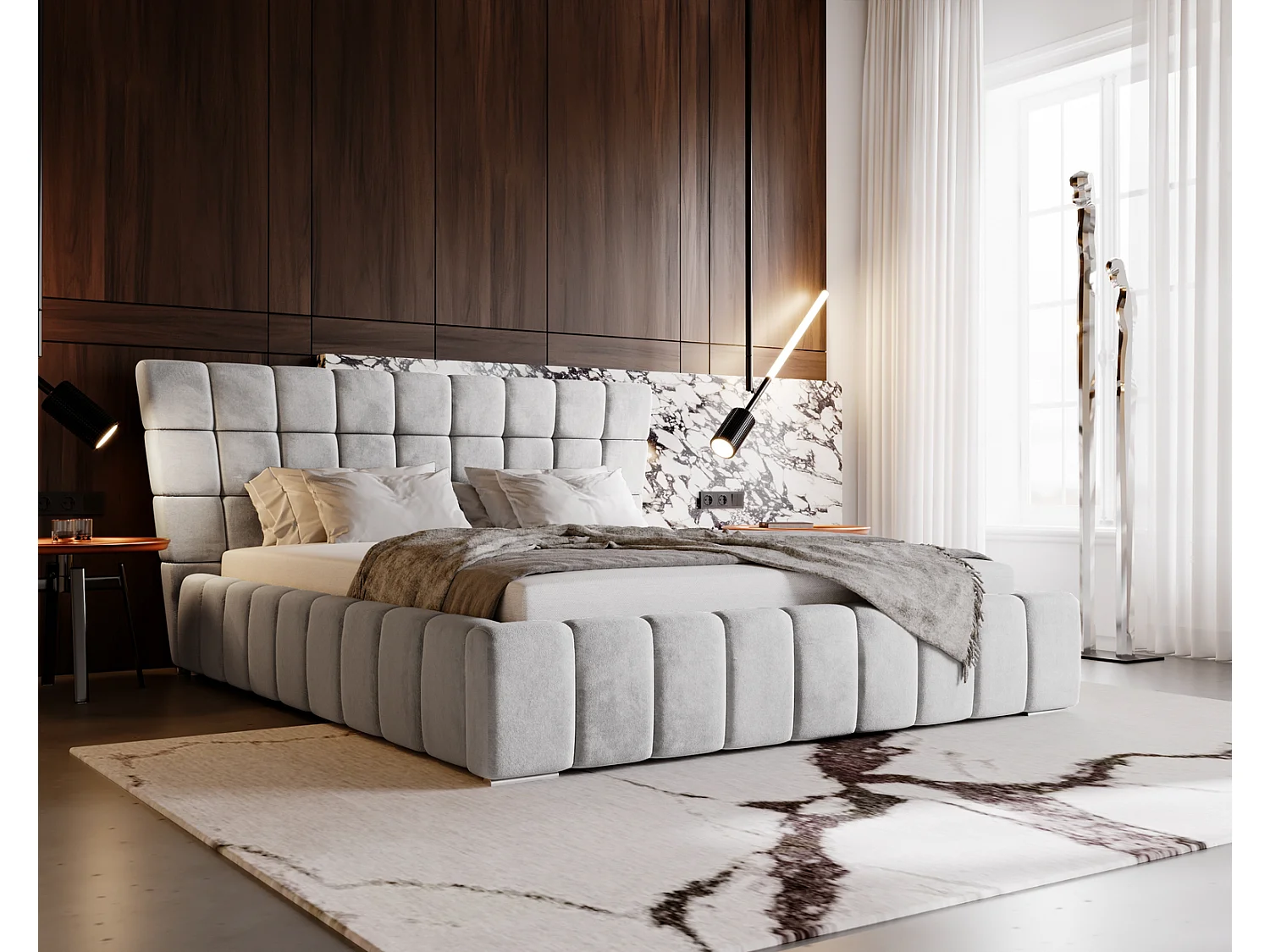 Emporius Deluxe łóżko tapicerowane 140x200 cm - łóżko przeszywane w nowoczesnym stylu - pojemnik i stelaż, tkanina aksamitna, jasny szary (Magic Velvet 2218)