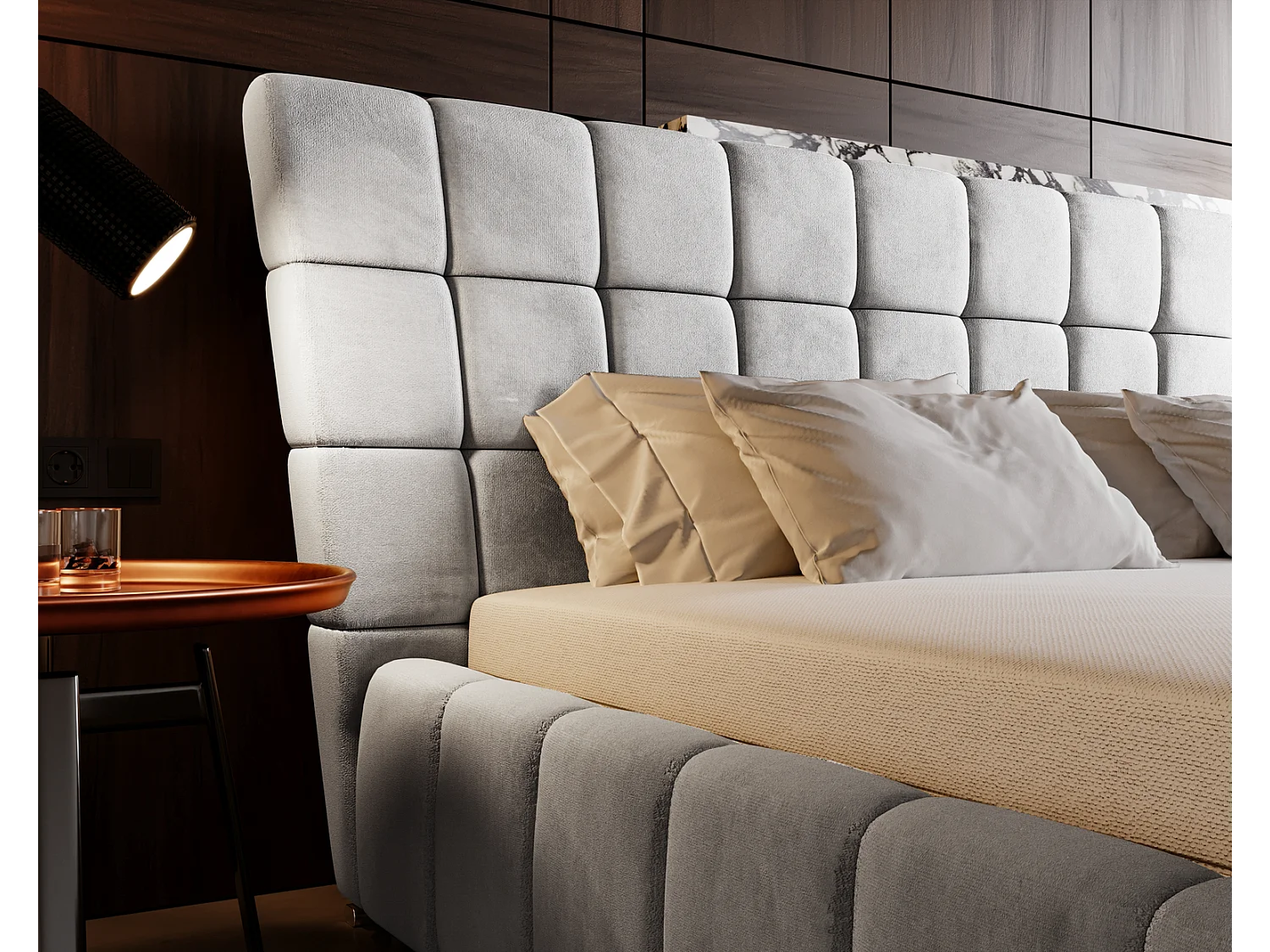 Emporius Lit rembourré 140x200 cm Deluxe, stoff, Lit Double avec Rangement - Lit Gris clair (Magic Velvet 2218)