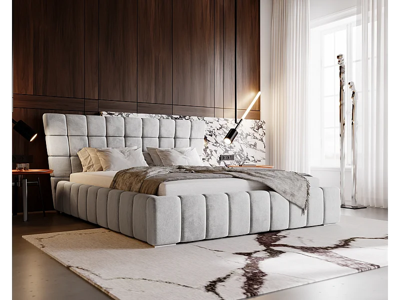 Emporius Deluxe łóżko tapicerowane 140x200 cm - łóżko przeszywane w nowoczesnym stylu - pojemnik i stelaż, tkanina aksamitna, jasny szary (Magic Velvet 2218)