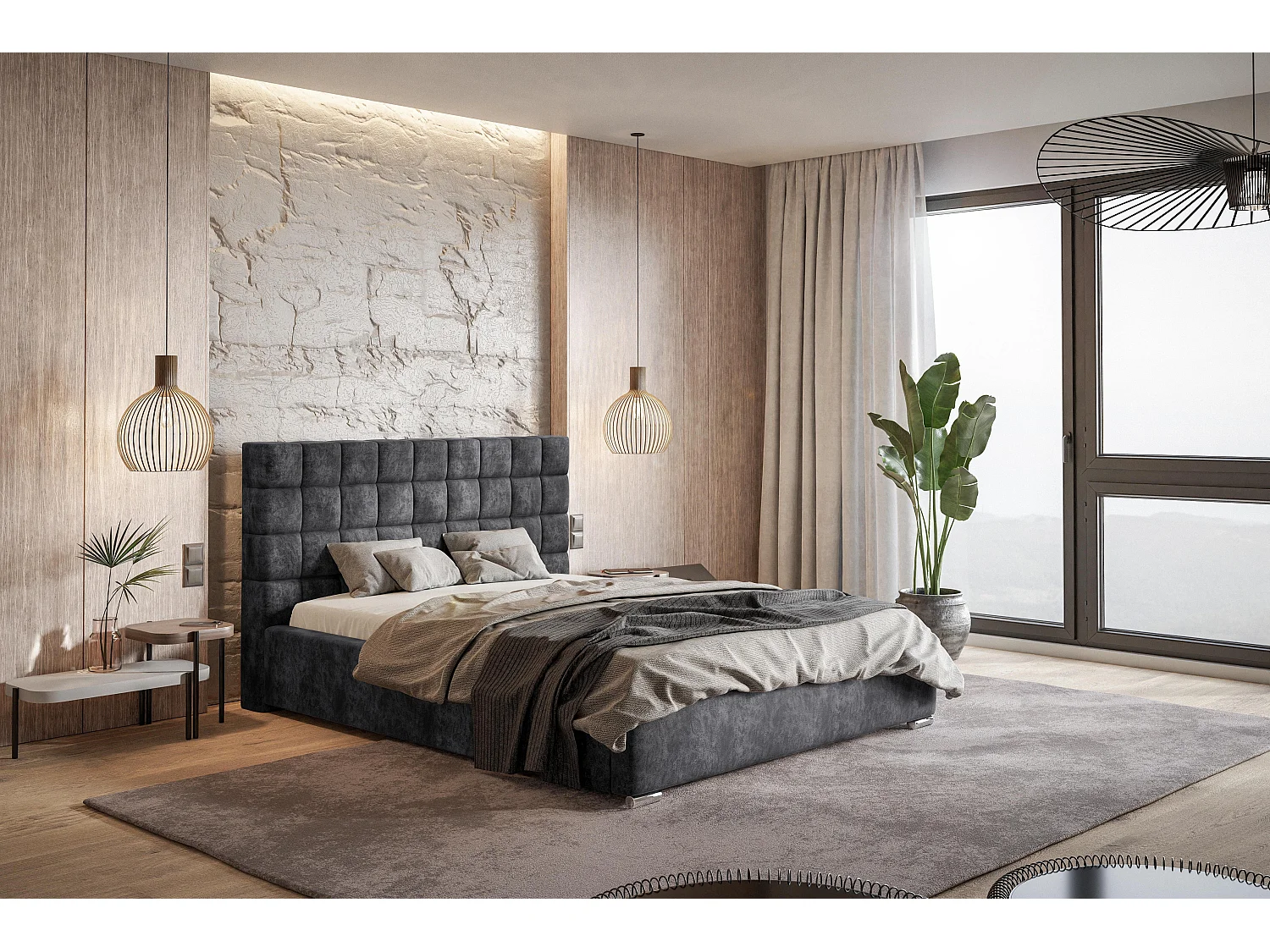 Emporius gestoffeerd bed 160x200 met opbergruimte Noris - tweepersoonsbed, lattenbodem - Donkergrijs (Goya 10)