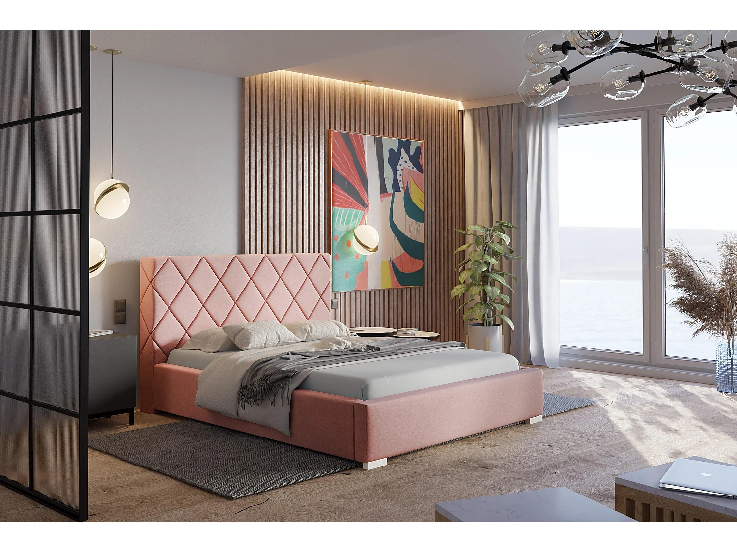 Emporius Bett 160x200 Aron, Polsterbett mit Bettkasten - Schlafzimmer, Doppelbett mit Lattenrost - Rosa (Jasmine 61)