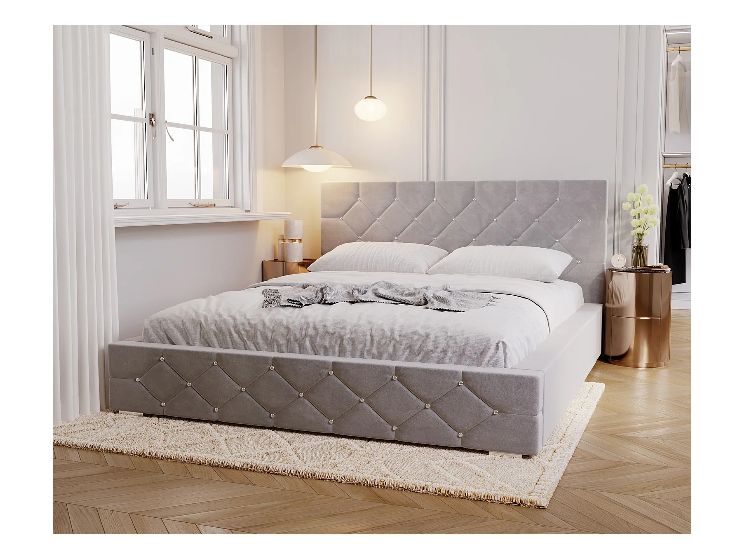 Emporius Lit capitonné 160x200 Solar, Lit double 160 x 200 cm, lit adulte avec Rangment, stoff Velours Gris (Magic Velvet 2217)