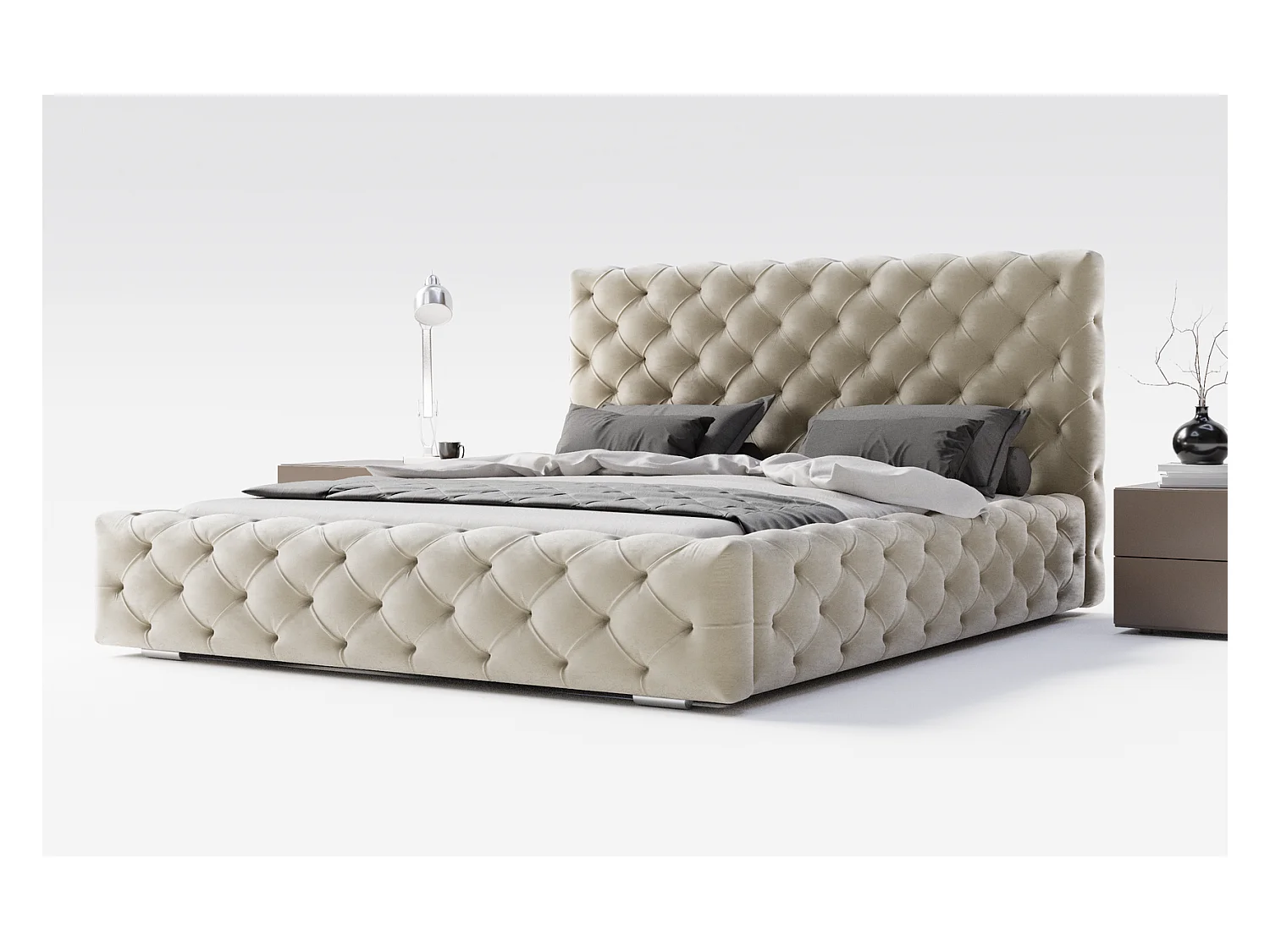 Emporius Lit double avec Rangement, lit 200x200 cm Paris - Lit Adulte, Tissu Beige (Magic Velvet 2201)