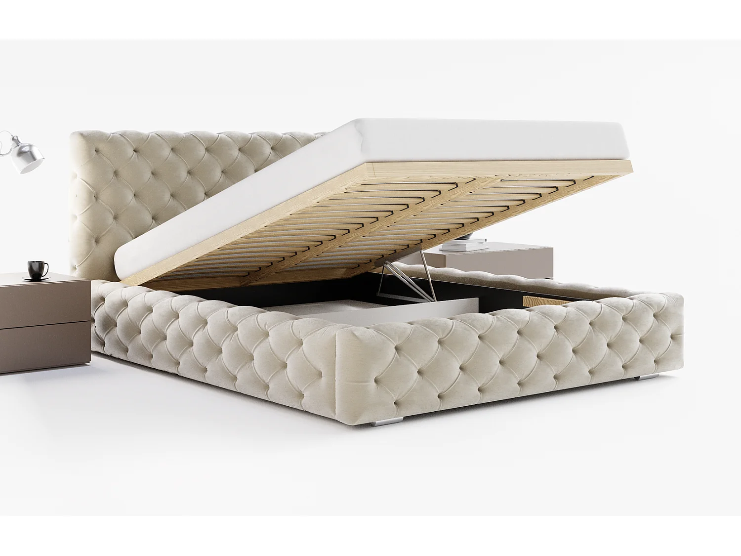 Emporius Lit double avec Rangement, lit 200x200 cm Paris - Lit Adulte, Tissu Beige (Magic Velvet 2201)