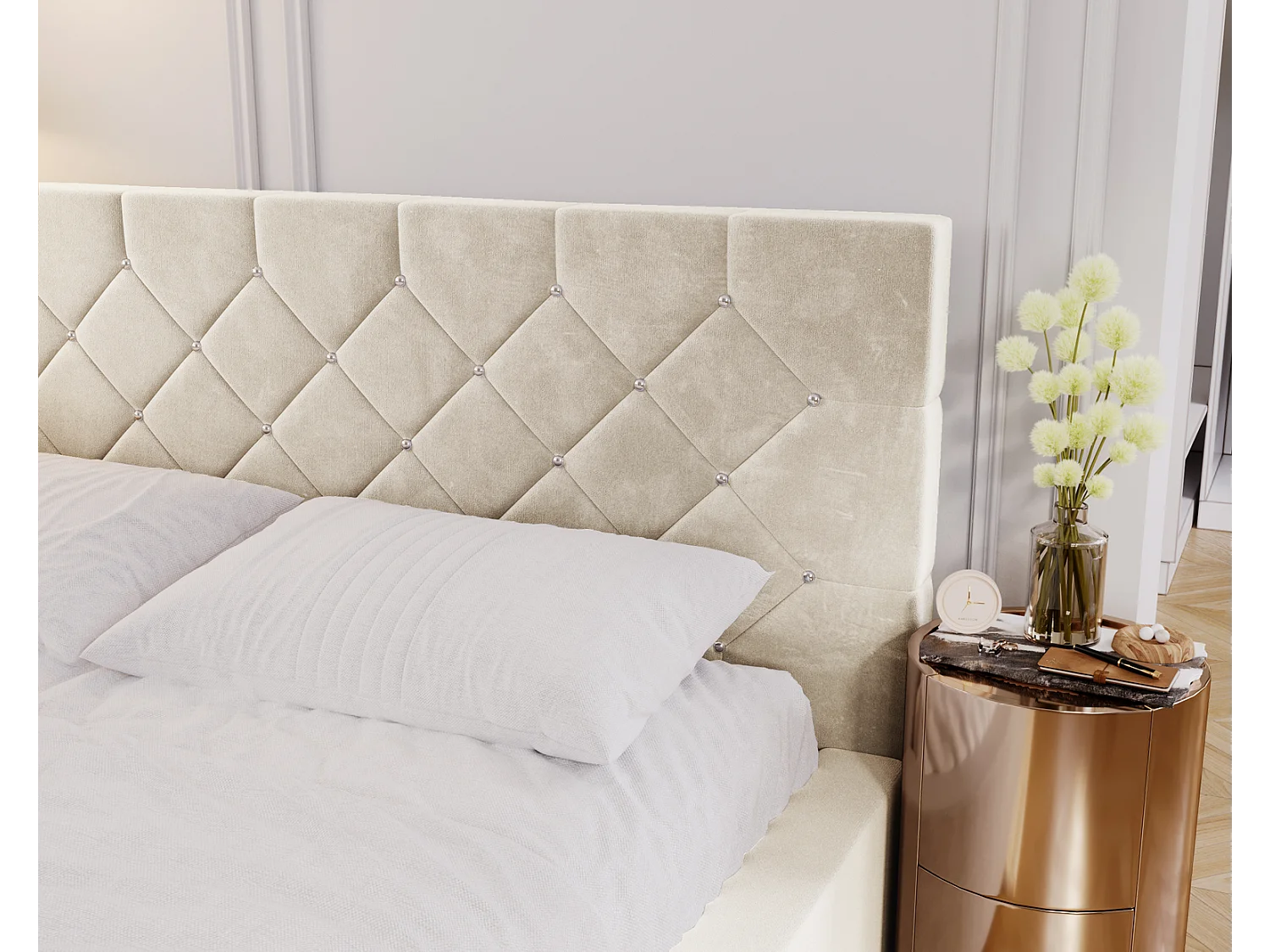 Emporius Solar łóżko tapicerowane 160x200 cm - eleganckie łóżko w stylu glamour - kryształki, pojemnik i stelaż, tkanina aksamitna, wanilia (Magic Velvet 2201)