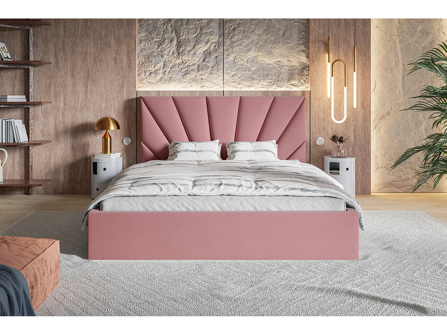 Emporius Doppelbett 160 x 200 Aris - Polsterbett mit Bettkasten, Lattenrost - Velvet Rosa (Jasmine 62)
