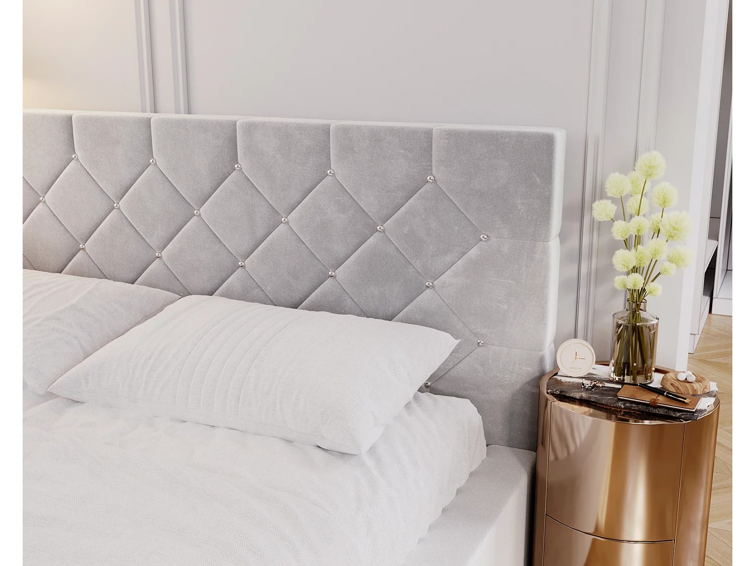 Emporius Lit capitonné 160x200 Solar, Lit double 160 x 200 cm, lit adulte avec Rangment, stoff Velours Gris clair (Magic Velvet 2218)