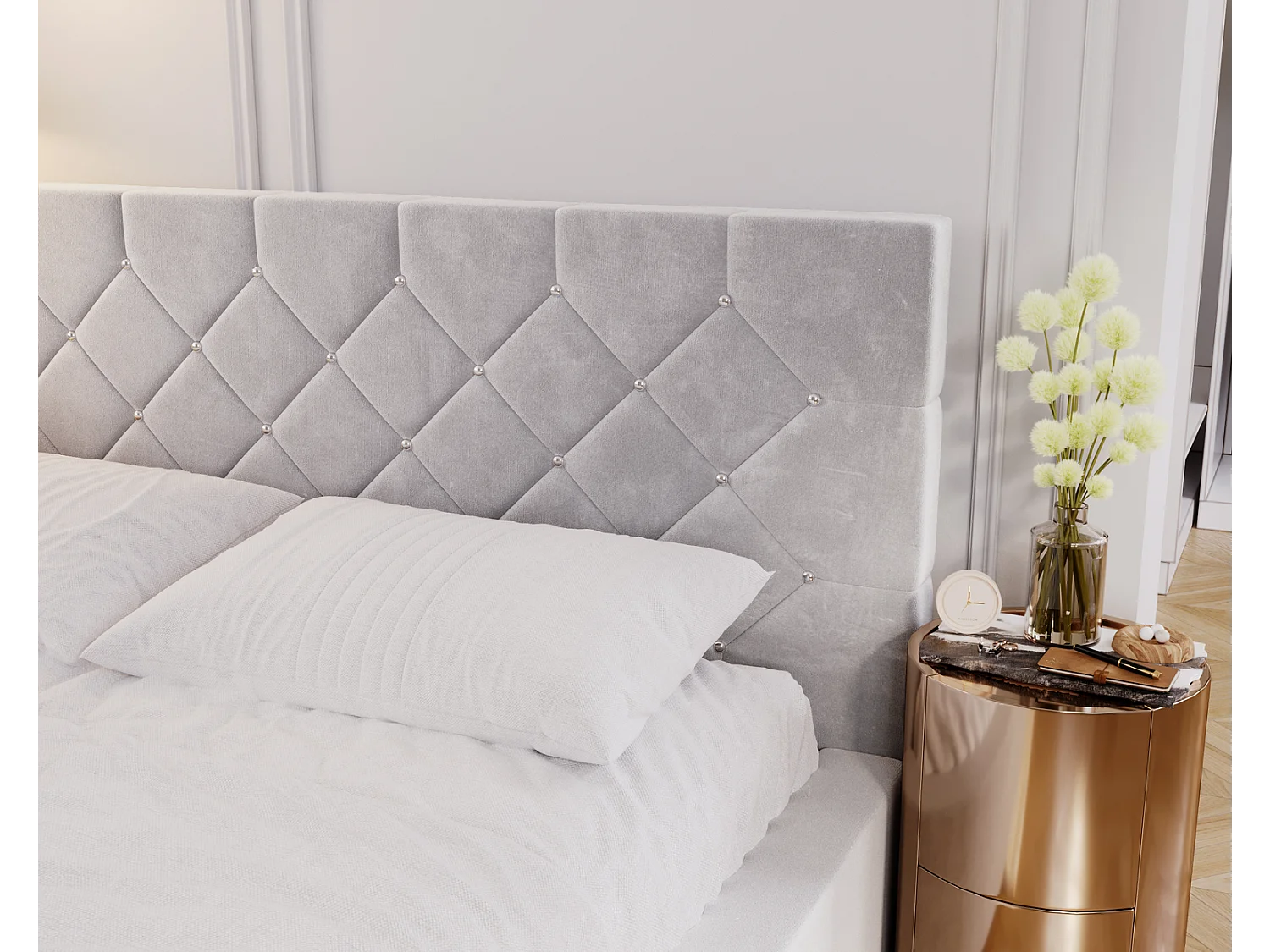 Emporius gestoffeerd bed 160 x 200 cm Solar - tweepersoonsbed met opbergruimte, fluweel Lichtgrijs (Magic Velvet 2218)