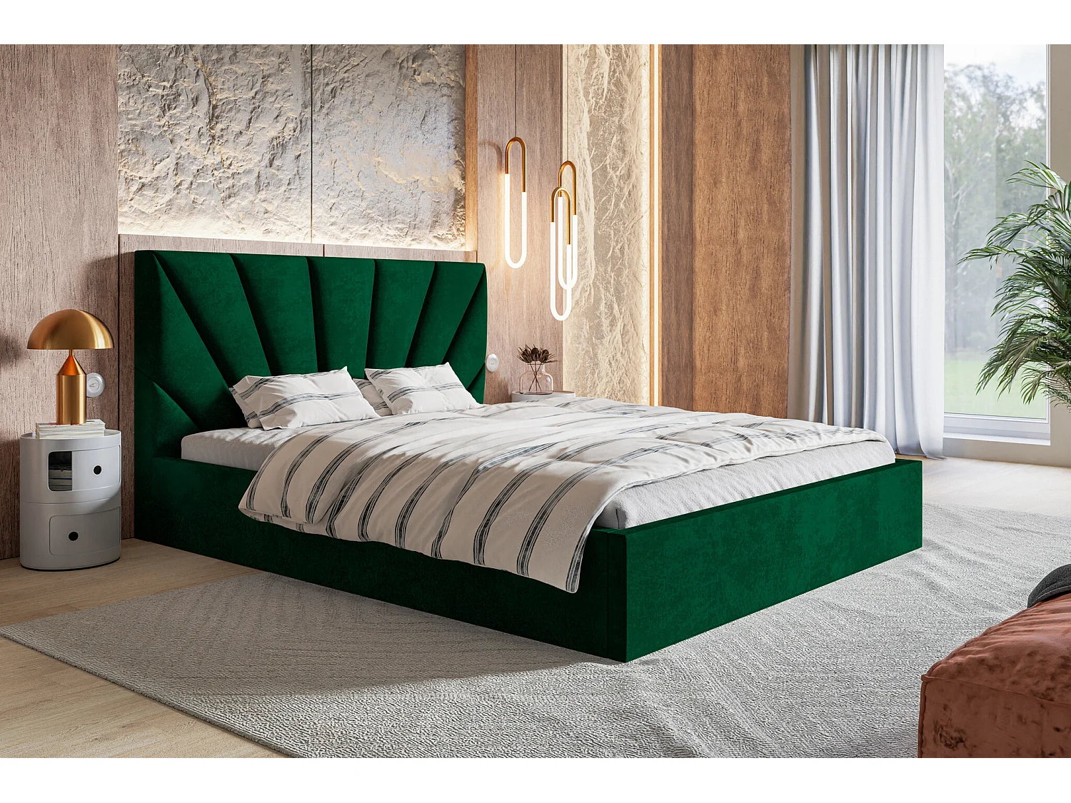Lit double 140x200 cm Aris - Lit adulte avec rangment - Tissu velours - Vert (Kronos 19)